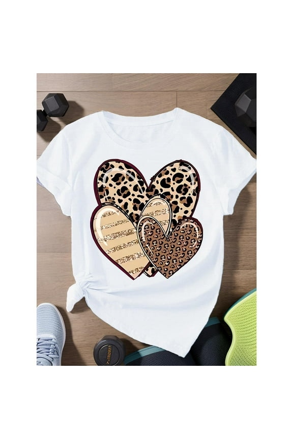Women's Leopard Heart Graphic White Tee Top Round Neck Short Sleeve Cotton Breathable S-5XL