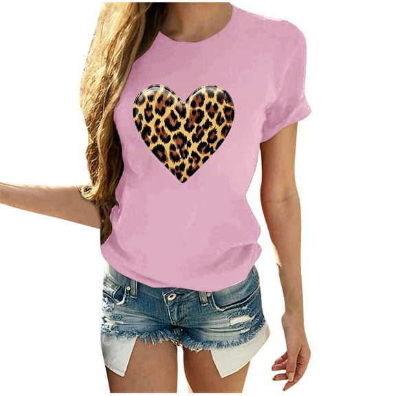 Women's Leopard Heart T-Shirts Valentines Day Fashion Short Sleeve Tops Cute Crewneck Basic Tee Top