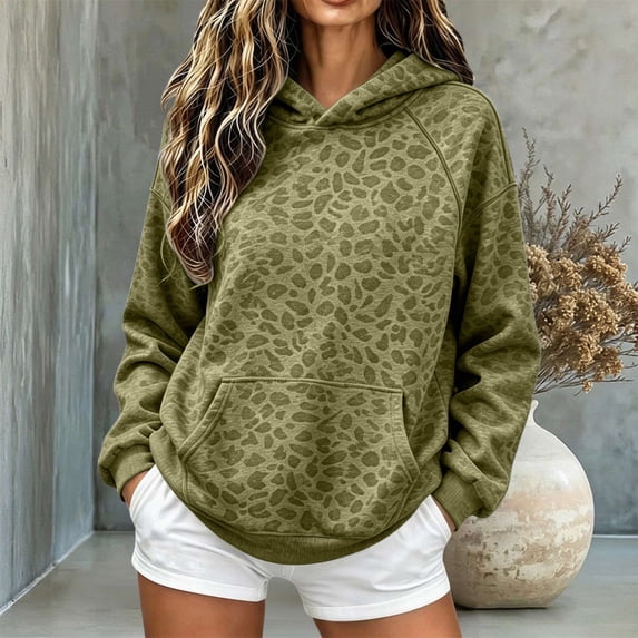 Women's Leopard Hoodie Oversized Y2k Print Hoodies with Pocket Pullover Trendy Hooded Long Sleeve Casual Sweatshirt Fashion Streetwear Fall Winter Clothes(Green1,S)
