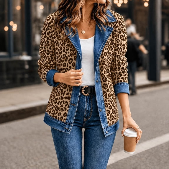 Women's Leopard Jean Jacket Long Sleeve Button Down Denim Jacket Coat with Pockets Women's Fall 2026 Outfits(Khaki,XXL)