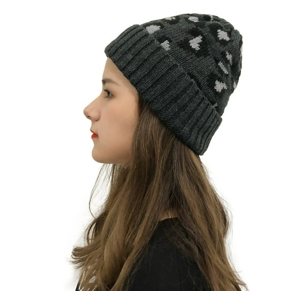 Women's Leopard Knitted Hat Oversize Beanie Cap Fashion Stretchy Beanie Hats Winter Warm Cuffed Watch Cap