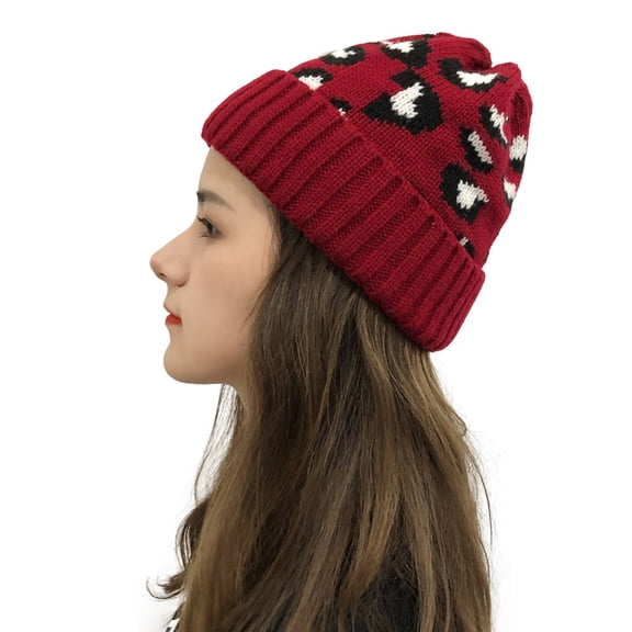 Women's Leopard Knitted Hat Oversize Beanie Cap Fashion Stretchy Beanie Hats Winter Warm Cuffed Watch Cap