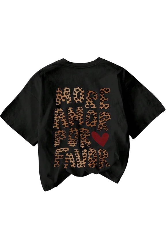 Women's Leopard Letter Graphic Tees Cute Heart Cheetah Shirt Vintage Aesthetic Summer Y2k Tops