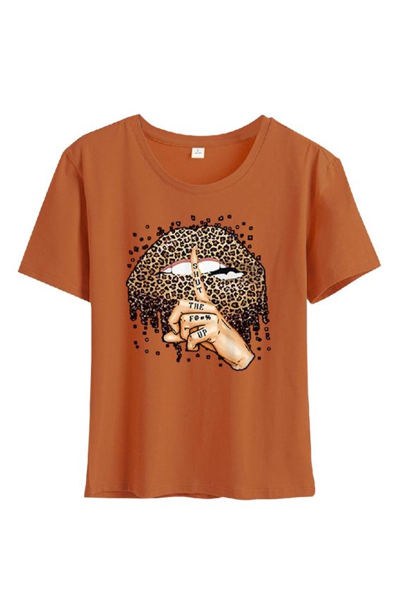 Women's Leopard Lips and Finger Print T-Shirt Graphics Short Sleeve Summer Top