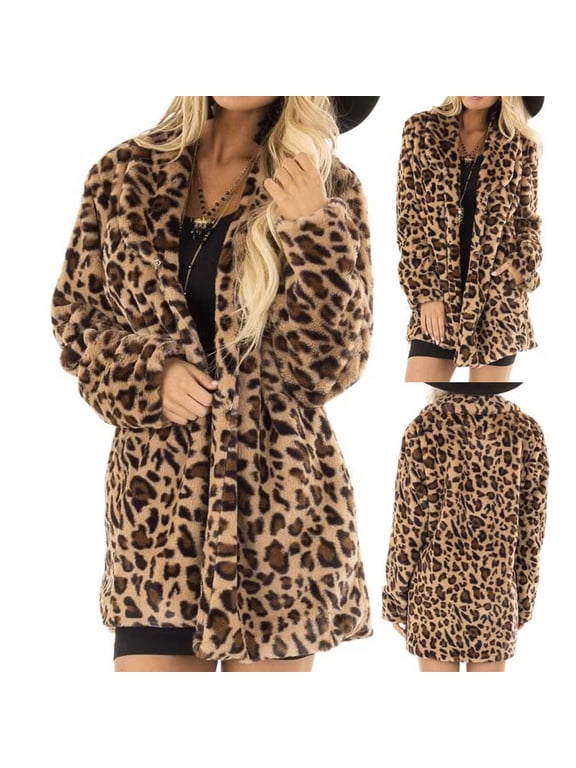 Women's Leopard Long Trench Coat Casual Long Sleeve Print Autumn Fashion Coat Long Jackets Winter Outwear with Poackets L