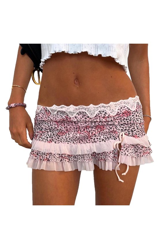 Women's Leopard Mini Skirt Low Waist Mesh Patchwork Ruffle Skirts Y2k 90s E-Girl Vintage Streetwear