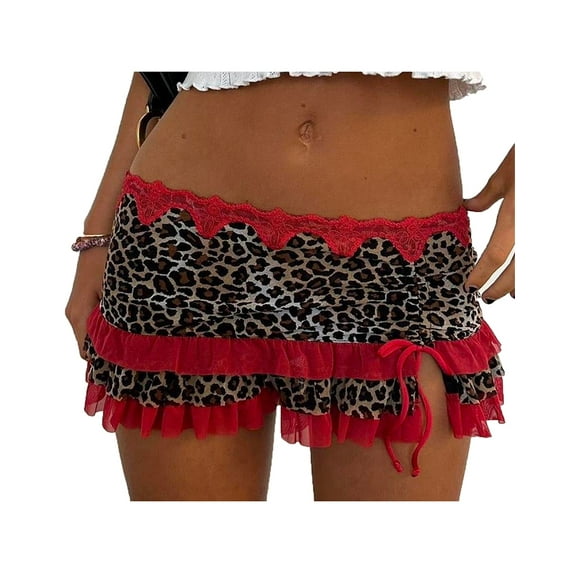 Women's Leopard Mini Skirt Low Waist Mesh Patchwork Ruffle Skirts Y2k 90s E-Girl Vintage Streetwear