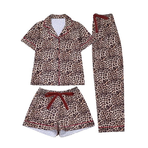 Women's Leopard Pajama Set 3 Pieces Cheetah Short Sleeve Button Down Notch Collar Shirts and Shorts Pants Sleepwear Leopard Graphic Printed Loungewear Set