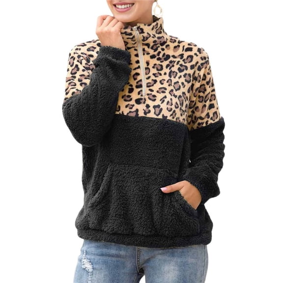 Women's Leopard Print 1/4 Zipper Collar Pullover Sweatshirt Double Fleece Warm Jacket Pullover Tops