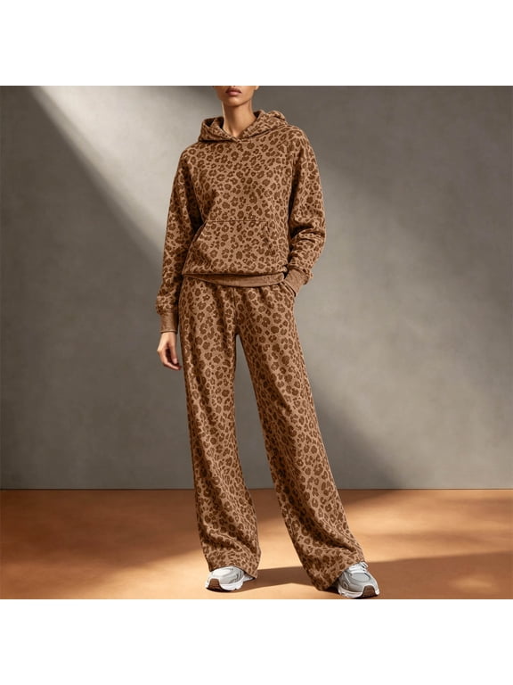 Women's Leopard Print 2 Piece Outfit Set, Long Sleeve Hoodie Sweatshirt with Wide Leg Pants, Casual Matching Loungewear Tracksuit for Fall Winter, Travel and Everyday Wear