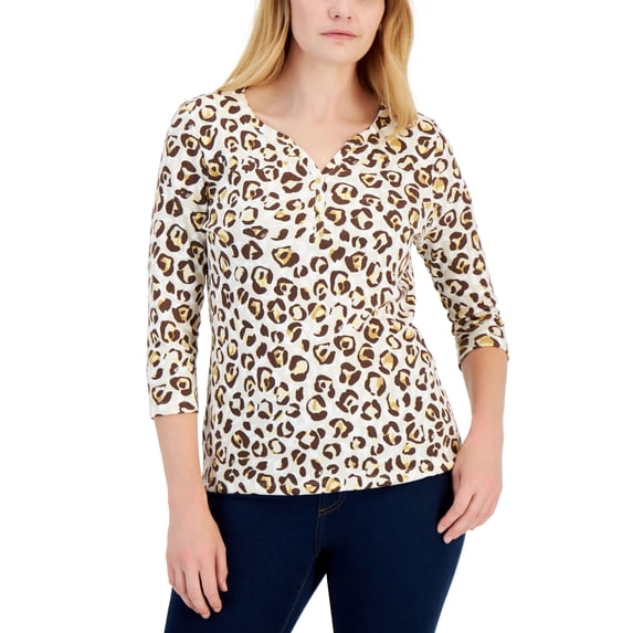 Women's Leopard-Print 3/4-Sleeve Henley Top Pebble L