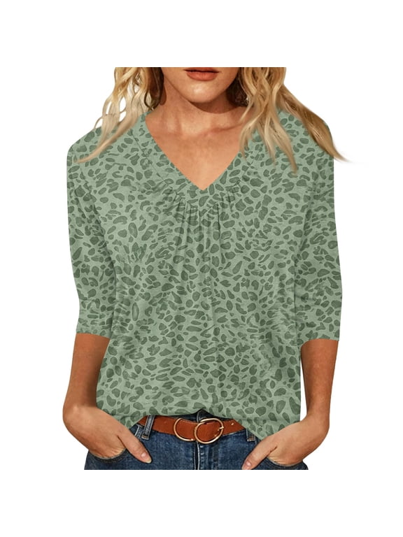 Women's Leopard Print 3/4 Sleeve Tops V Neck Pleated Casual Loose Tunic Blouses