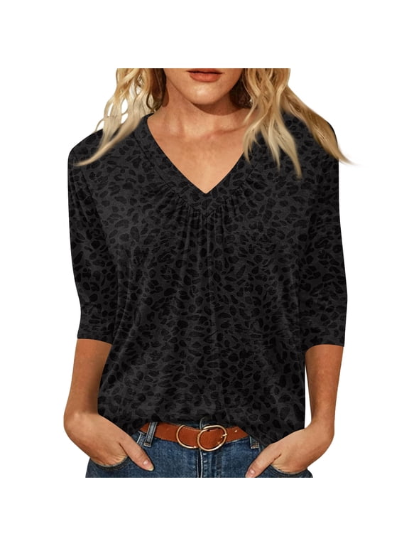 Women's Leopard Print 3/4 Sleeve Tops V Neck Pleated Casual Loose Tunic Blouses