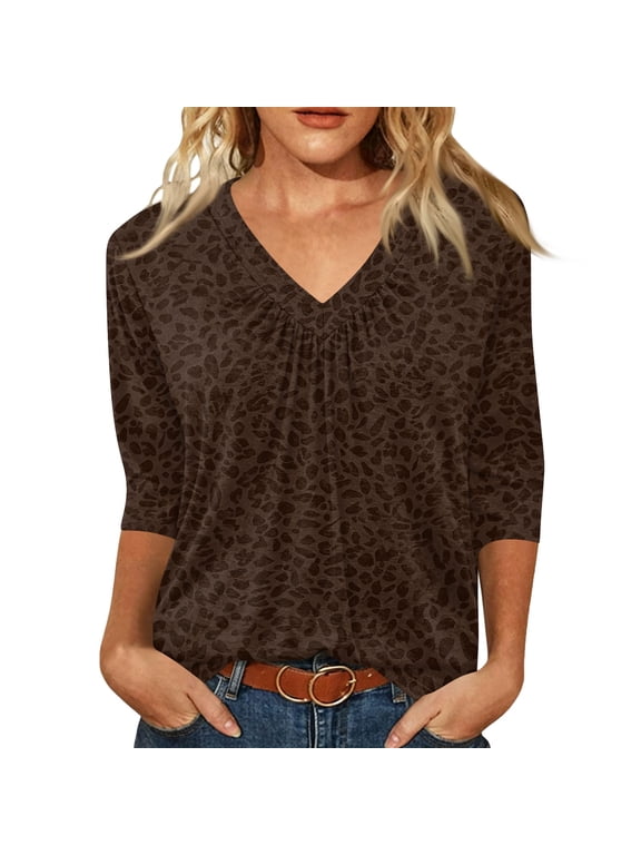 Women's Leopard Print 3/4 Sleeve Tops V Neck Pleated Casual Loose Tunic Blouses