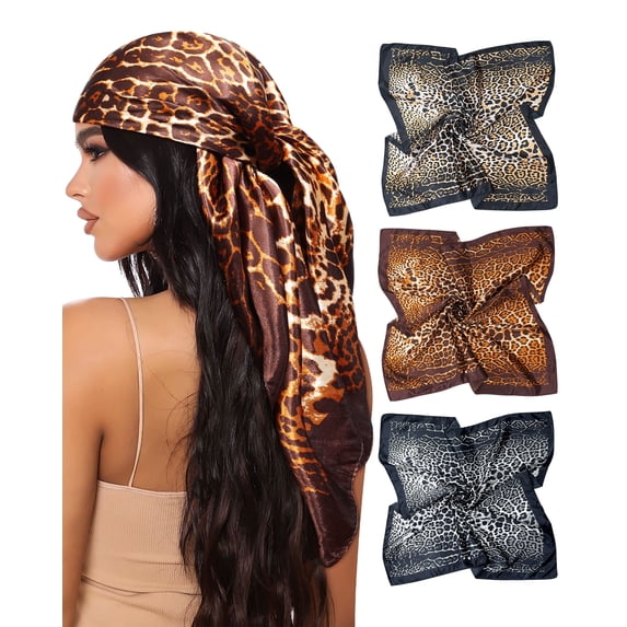 Women's Leopard Print Bandanas 3 Pack 35” Wrap Neck Silk Headscarf Satin Square Head Scarf
