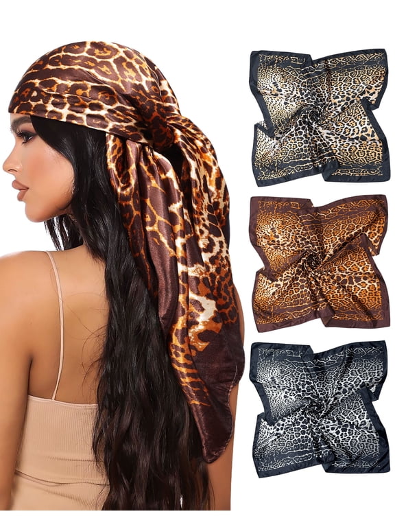 Women's Leopard Print Bandanas 3 Pack 35” Wrap Neck Silk Headscarf Satin Square Head Scarf