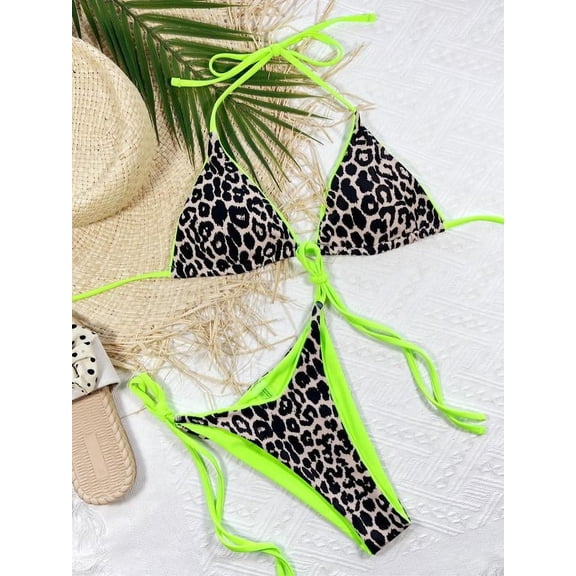 Women's Leopard Print Bikini Set, Casual Removable Pads Halter Triangle Swim Bra & Tide Side Swim Thong, Swimsuit for Women, Swimming, Bikinis Sets, Bathing Suits