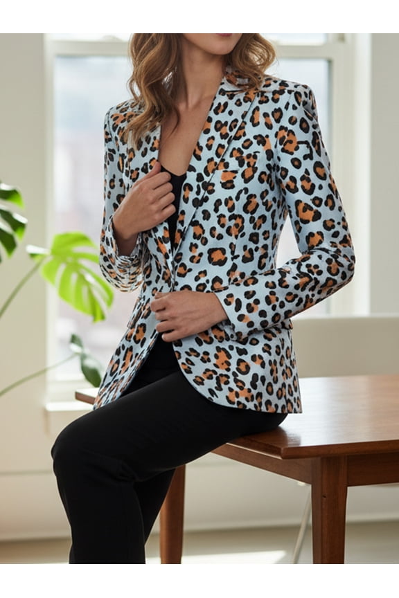 Women's Leopard Print Blazer Jacket, Long Sleeve Lapel Padded Shoulder, Fashion Structured Slimming Office Work Party, Women