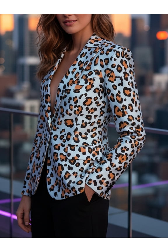 Women's Leopard Print Blazer Jacket, Long Sleeve Lapel Padded Shoulder, Fashion Structured Slimming Office Work Party, Women