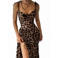 thumbnail image 1 of Women's Leopard Print Bodycon Dresses Spaghetti Strap Long Maxi Drawstring Slit Ruched Dress for Party Cocktail Leopard Print S, 1 of 7