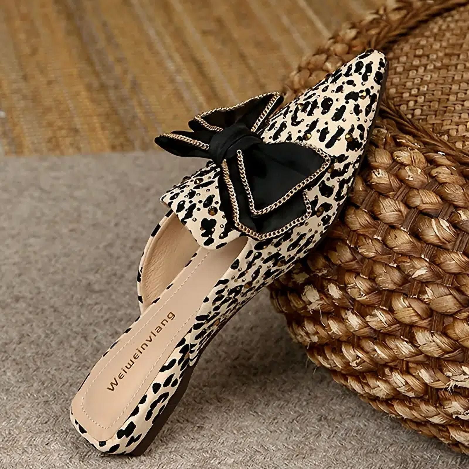 Women's Leopard Print Boe Tie Slippers, Pointed Closed Toe Flat Slides