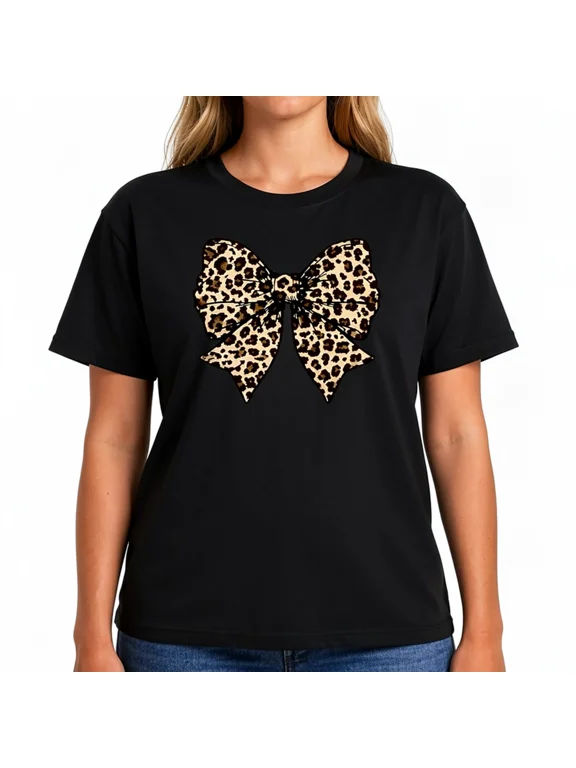 Women's Leopard Print Bow Graphic T-Shirt, Coquette Cotton Crew Neck Casual Short Sleeve Tee