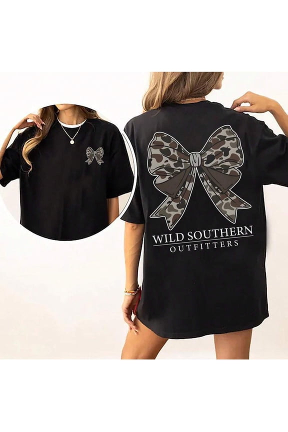Women's Leopard Print Bow Graphic T-Shirt Wild Southern Outfitters Short Sleeve Casual Black Tee