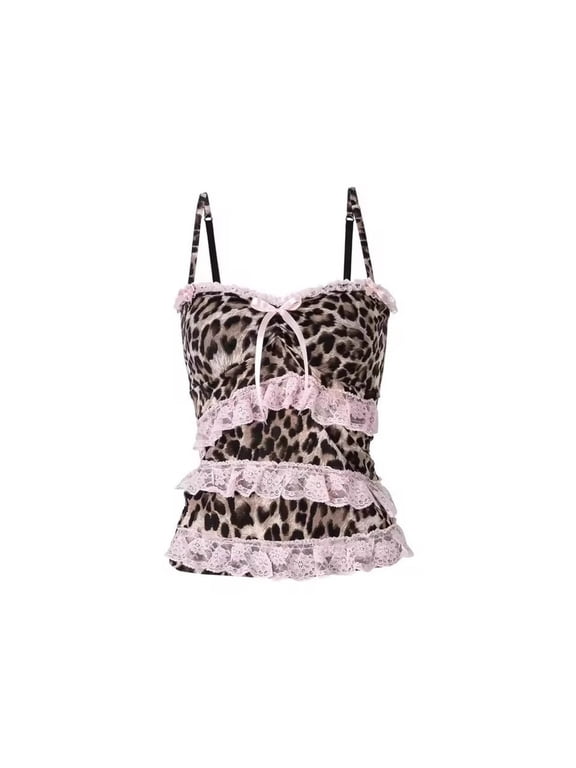 Women's Leopard Print Bow Tie Camisole Top with Lace Ruffles, Y2K Sleeveless Spaghetti Strap Tank Top (White/Pink, S/M/L)