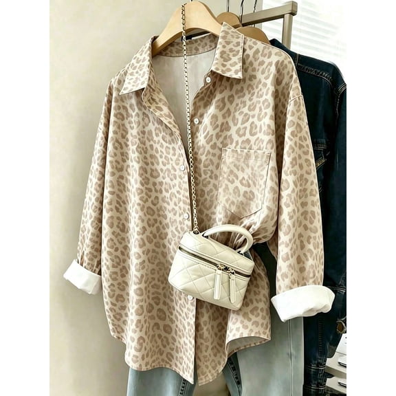 Women's Leopard Print Button Down Blouse Long Sleeve Loose Fit Brown Casual Shirt for Fall Winter Wear