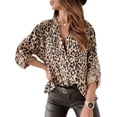thumbnail image 1 of Women's Leopard Print Button Down Shirt V Neck Long Sleeve Blouse Casual Loose Tops Apricot M, 1 of 2
