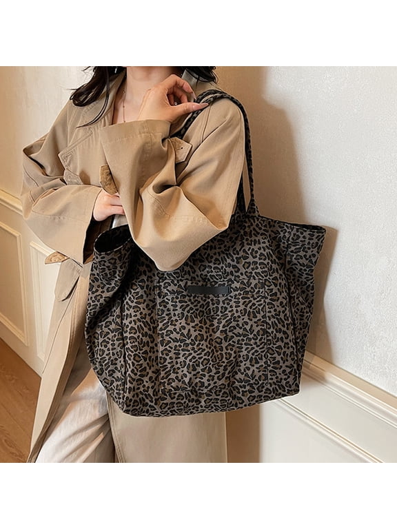 Women's Leopard Print Canvas Tote Bag – Dark Khaki Black Casual Shoulder Handbag with Top Handles, Large Capacity Lightweight Purse for Beach Shopping Travel