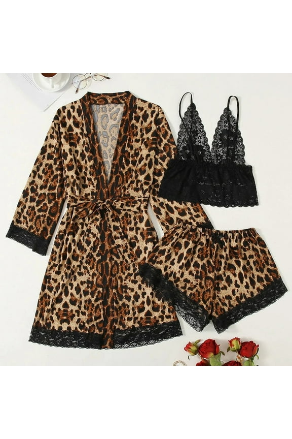 Women's Leopard Print Chemise and Robe Pajamas Set 3Pcs, Ladies Plus Size Lace Nightdress Bathrobe Cardigan Sleepwear
