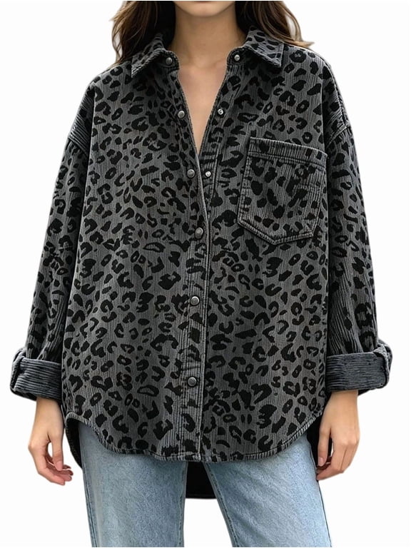 Women's Leopard Print Corduroy Lapel Oversized Long Sleeve Shirt Dark Gray M