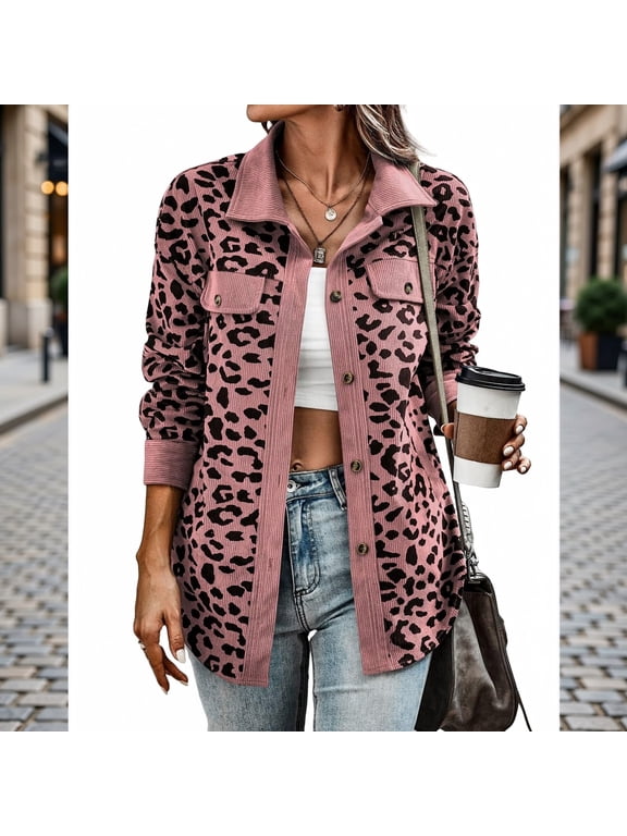 Women's Leopard Print Corduroy Shacket, Button Down Lapel Collar Long Sleeve Loose Shirt Jacket Coat 04-Pink S