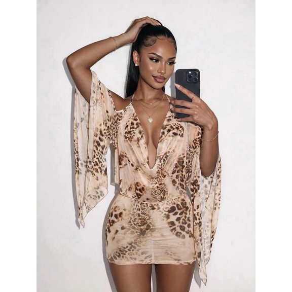 Women's Leopard Print Cowl Neck Long Sleeve Dress, Backless Cold Shoulder Bodycon Midi Dress for Fall and Winter Casual Wear