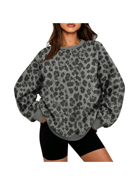 Women's Leopard Print Crew Neck Sweatshirt, Long Sleeve Pullover Casual Relaxed Fit Top for Everyday Wear