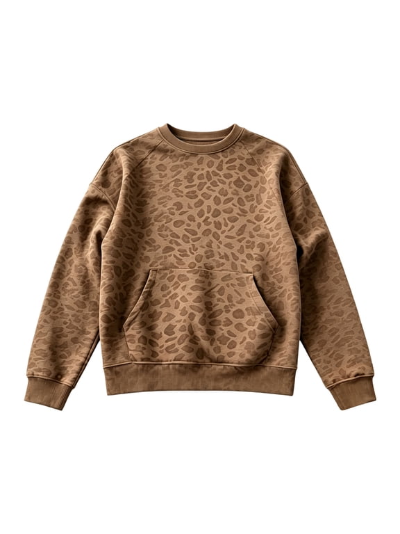 Women's Leopard Print Crew Neck Sweatshirt, Long Sleeve Pullover Top with Front Kangaroo Pocket