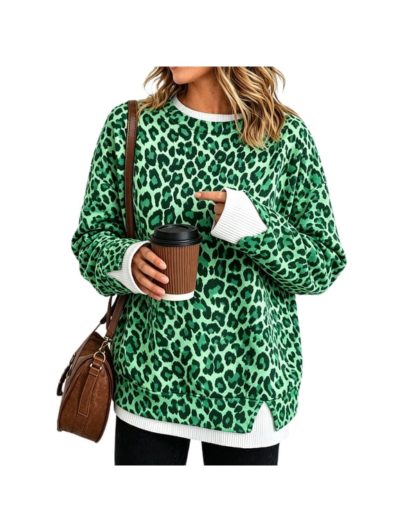 Women's Leopard Print Crew Neck Sweatshirt, Long Sleeve Pullover with Contrast Trim and Side Slits