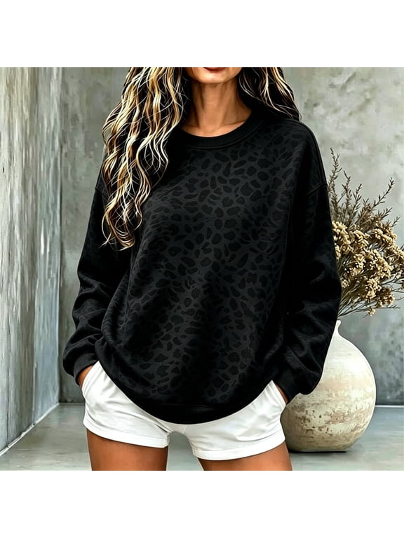 Women's Leopard Print Crewneck Sweatshirt, Long Sleeve Loose Fit Pullover Top, Casual Animal Pattern Sweatshirts Black XXL