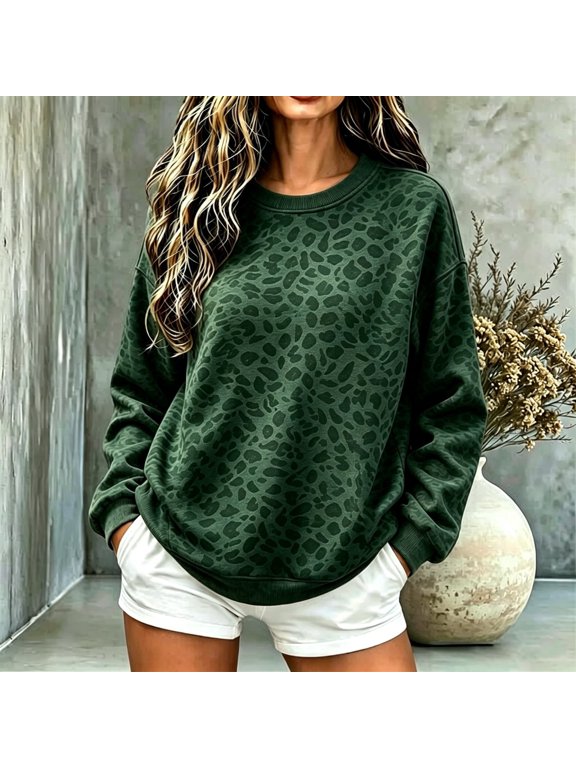 Women's Leopard Print Crewneck Sweatshirt, Long Sleeve Loose Fit Pullover Top, Casual Animal Pattern Sweatshirts Dark Green S