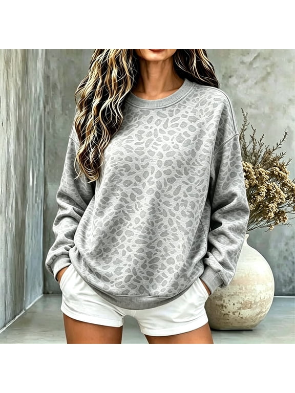 Women's Leopard Print Crewneck Sweatshirt, Long Sleeve Loose Fit Pullover Top, Casual Animal Pattern Sweatshirts Light Gray XXXL