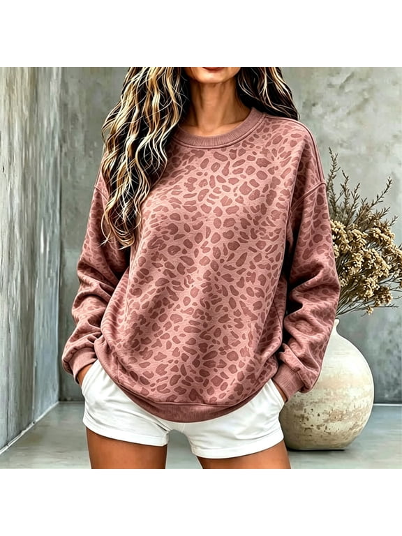 Women's Leopard Print Crewneck Sweatshirt, Long Sleeve Loose Fit Pullover Top, Casual Animal Pattern Sweatshirts Pink XL