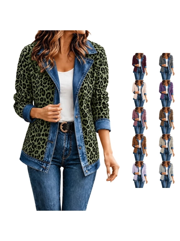 Women's Leopard Print Denim Jacket Button Up Casual Coat for Autumn