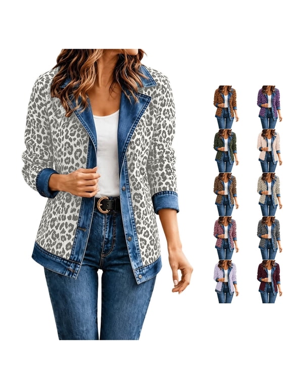 Women's Leopard Print Denim Jacket Button Up Casual Coat for Autumn