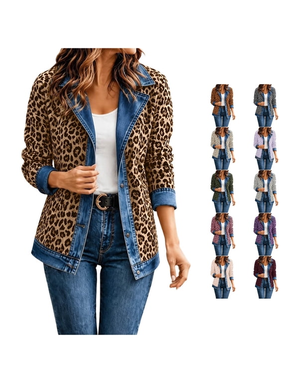 Women's Leopard Print Denim Jacket Long Sleeve Casual Button Up Fall Coat