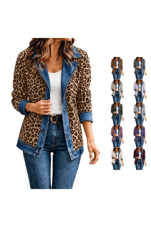 Women's Leopard Print Denim Jacket Long Sleeve Casual Button Up Fall Coat
