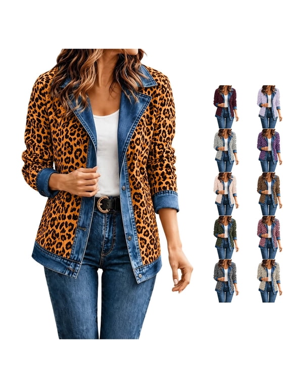 Women's Leopard Print Denim Jacket Long Sleeve Casual Button Up Fall Coat