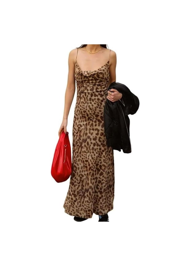 Women's Leopard Print Draped Collar Spaghetti Strap Cami Long Dress Party Rave Prom Perspective Midi Dress-S