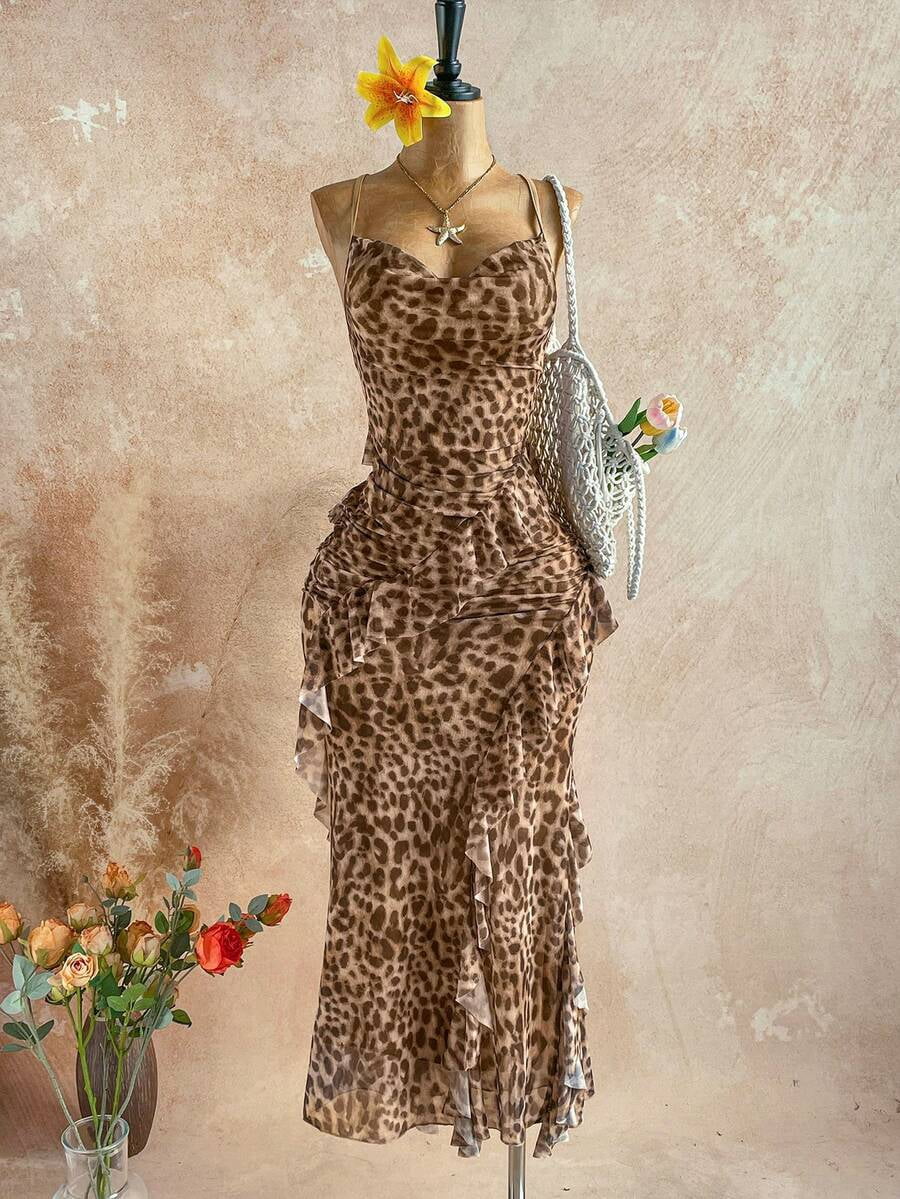 leopard print layered dress Women's Draped Neck Ruffle Hem Maxi Dress, Vacation Elegant Party bride 2025