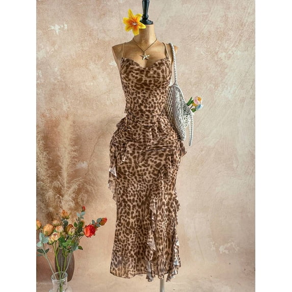 Women's Leopard Print Draped Neck Layered Ruffle Hem Maxi Dress, Vacation Elegant Party Dress